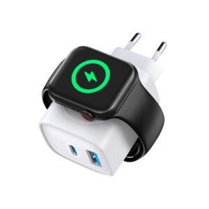 Gshield Carregador de Parede Universal 3 em 1 Power Delivery 23W Tipo C Ultra Rápido + USB A e Base de Carregamento Magnética Sem Fio para Apple Watch Integrada, Survivor, Branco