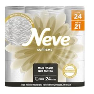 Neve Papel Higiênico Supreme Folha Tripla, 20m, Leve 24 Pague 21 Rolos