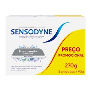 Sensodyne Creme Dental Branqueador Extra Fresh com Flúor, Anti Tártaro, Proteção Diária Contra Sensibilidade, Dentes Fortes e Gengivas Saudáveis, Leve 3 e Pague 2, 90g cada
