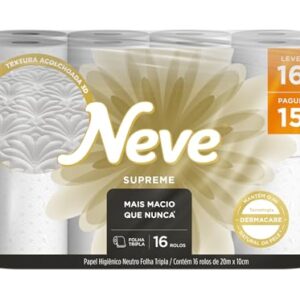 Neve Papel Higiênico Supreme Folha Tripla, 20m, Leve 16 Pague 15 Rolos