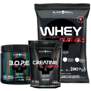 Combo de Suplementos Whey Protein Turbo 907g + Pré Treino B.O.P.E. + Creatina Turbo - Black Skull - Kit de Suplementos