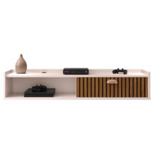 Rack Suspenso Tv 1.20 Home Decor 1 Porta Puxador Concha Nicho Decorativo Organizador Sala Quarto - Off White/Ripado - RPM Móveis