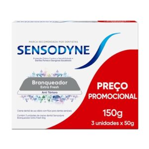 Sensodyne Creme Dental Branqueador Extra Fresh com Flúor, Anti Tártaro, Proteção Diária Contra Sensibilidade, Dentes Fortes e Gengivas Saudáveis, Leve 3 e Pague 2, 50g cada