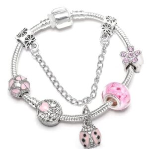 Pulseira Joaninha Banhada a Prata 925 com trava de segurança - Modelo Pulseira Pandora Berpara berloques de prata 925 (18cm, joaninha)