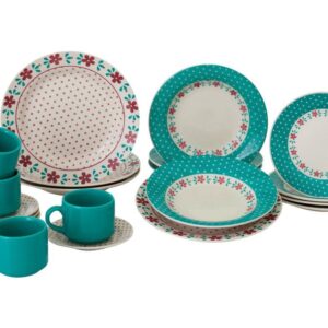 Aparelho de Jantar e Chá 20 Peças Biona de Cerâmica Redondo Branco e Azul Claro Donna - Aparelho de Jantar