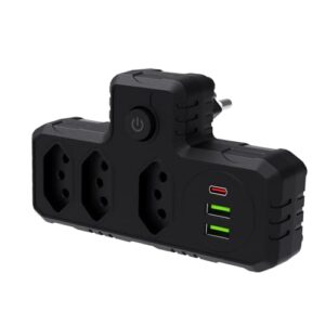 Extensão Tomada, Régua Tomada, Régua de Energia, Adaptador Tomada, 3 Tomadas, 2 Interfaces USB, 1 Porta USB Tipo-C (Preto)