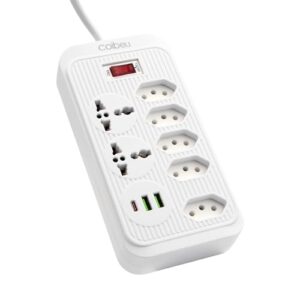 Filtro de Linha, Extensão Tomada, Régua Tomada, Régua de Energia, 5 Tomadas, 2 Interfaces USB, 1 Porta USB Tipo-C, 2 Tomada Universal, Cabo de Alimentação de 1,9 metros (Branco)