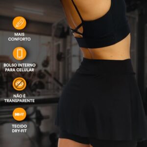 Short Saia Feminino Fitness Suplex (BR, Alfa, M, Regular, Regular, Preto)