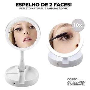 Espelho Facial de Camarim Led Articulável Com Aumento 10x para Maquiagem Barbear Portátil Premium