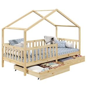 Cama Montessoriana Madeira Maciça Casa com Estrado Elea (Natural)