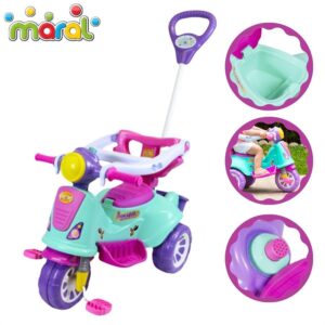 Triciclo Infantil Com Haste E Barra De ProteÇÃo Avespa Pink - Maral Brinquedos - Velotrol e Triciclo a Pedal