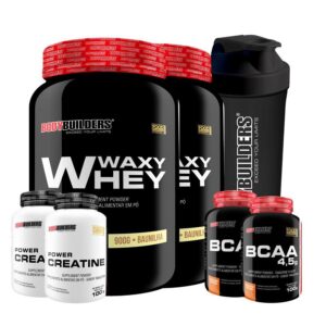 Kit 2x Whey Protein Waxy Whey Pote 900g + 2x BCAA 100g Tangerina + 2x Power Creatina 100g + Coqueteleira 600ml- Bodybuilders - Kit de Suplementos