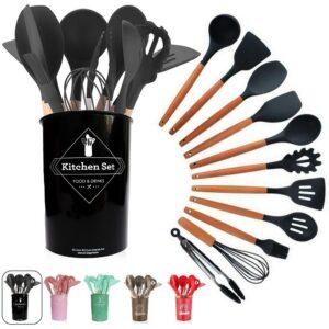 Kit Jogo 12 Peças Utensílios De Silicone Para Cozinha Com Cabo De Madeira + Balde - Linha Kitchen - HOME IMPORTS - Conjunto de Utensílios
