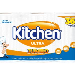 Papel Toalha Folha Dupla Jumbo Kitchen - 3 Rolos 360 Folhas - Papel Toalha