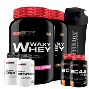 Kit 2x Whey Protein Waxy Whey Pote 900g + 2x BCAA 100g Tangerina + 2x Power Creatina 100g + Coqueteleira 600ml- Bodybuilders - Kit de Suplementos