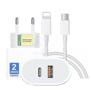 Carregador Turbo 40W Compatível iPhone X Xr 8 11 12 13 14 Plus Pro Max iPad Duas Entradas USB e USB-c Tipo C Com Cabo Tipo C-Lightning Carga Rápida Tecnologia PD