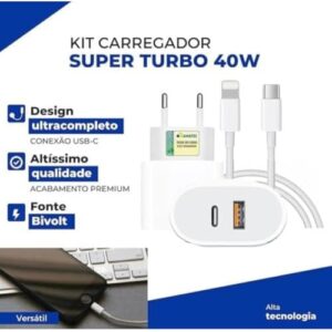 Carregador Turbo 40W Compatível iPhone X Xr 8 11 12 13 14 Plus Pro Max iPad Duas Entradas USB e USB-c Tipo C Com Cabo Tipo C-Lightning Carga Rápida Tecnologia PD