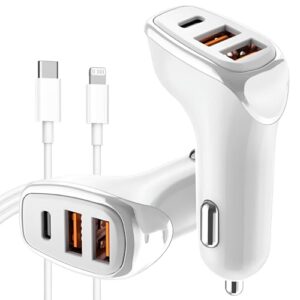 Carregador Veicular Turbo 38W 3 Portas com Cabo USB-C ou Lightning de 1M - Carregamento Rápido 3A Compatível com iPhone X Xr SE 11 12 13 14 Android - PD e QC3.0 Homologado ANATEL (Cabo Lightning)