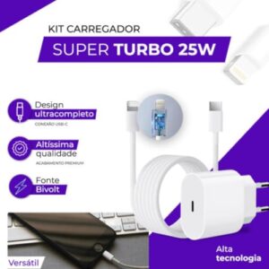 Carregador Turbo 25W Compatível iPhone X Xr 8 11 12 13 14 Plus Pro Max iPad Tipo C Com Cabo Tipo C-Lightning Carga Rápida Com Tecnologia Power Delivery