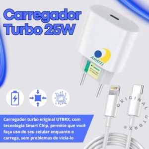 Carregador Turbo Compativel c/Iphone, Cabo Usb-C-Lightning + Fonte Smart 25W Ultra Rápido Premium, iPhone X Xr SE 11 12 13 14 CHARGE FAST HIGHTECH