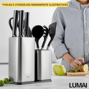Conjunto Bloco Organizador de Utensílios e Facas em Aço Inox com Porta-Facas, Balde para Guardar Armazenar Utensílios e Tábua de Corte com Afiador Integrado Antiderrapante LUMAI
