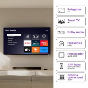 Multi Roku TV 32" Smart com imagem HD 3 HDMI 2 USB compatível com Alexa e Google Home - TL052M