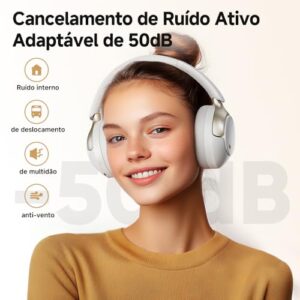 QCY H3 PRO ANC Fone de Ouvido Bluetooth, Headphone ANC Adaptáveis, Cancelamento Ativo de Ruído de 50 dB, Áudio sem fio de Alta Resolução LDAC, 55 Horas de Reprodução, Branco