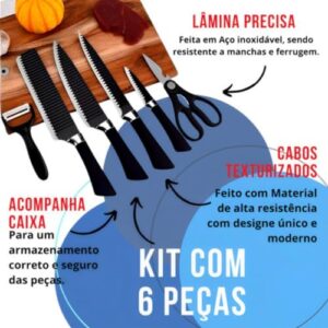 Conjunto Jogo Facas Profissional Do Chef 6 Peças Churrasco Cozinha Peças Aço Inox Super Afiadas Cor Preto Premium