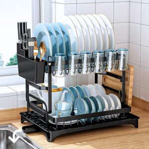 Escorredor de Louça Completo em Aço Carbono Inoxidável Antiferrugem Escorredor de Pratos Inox, Suporte para Talheres, Copos, Tábuas, Facas e Bandeja de Drenagem de Água