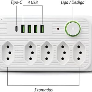 Extensão 5 Tomadas Filtro de Linha Régua de Energia Elétrica Cabo 2 Metros 4 USB e 1 USB-c Bivolt 110-220V Potência de 2500W e Carregamento Inteligente Premium