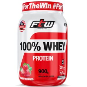 FTW Whey Protein 100% Concentrado - Suplemento Proteico para Atletas - Auxilia na Formação de Músculos para seus Treinos - Fonte de Proteína de Alto Valor Biológico - Sabor: Morango - Pote 900g