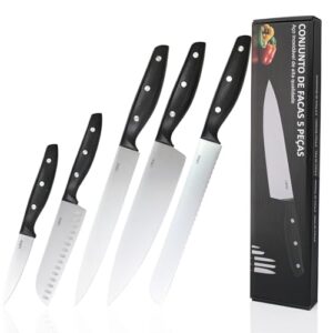 LUMAI Conjunto de Facas Aço Inoxidável 3CR13, Kit 5 Peças com Lâminas Afiadas e Duráveis, Inclui Faca do Chef, Santoku, Pão, Trinchar e Descascar, Corte Preciso para Cozinha Profissional e Doméstica