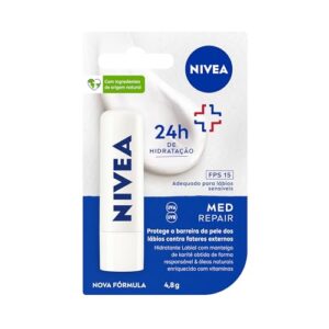 NIVEA Protetor Labial Med Repair FPS15 4,8g - Hidrata e regenera os lábios ressecados e machucados, com Vitamina E e óleos naturais, proporciona reparação intensiva e alívio imediato