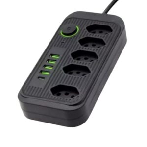 Extensão 5 Tomadas Filtro de Linha Régua de Energia Elétrica Cabo 2 Metros 4 USB e 1 USB-c Bivolt 110-220V Potência de 2500W e Carregamento Inteligente Premium (Preta)