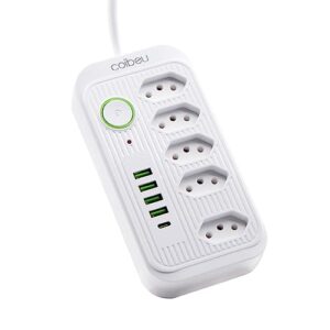 Extensão Tomada, Régua Tomada, Régua de Energia, 5 Tomadas, 4 Interfaces USB, 1 Porta USB Tipo-C, Cabo de Alimentação de 1,9 metros, Suporte a Tensão de 110-220V, Potência de 2500W (Branco)