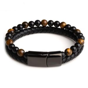 Pulseira 2x1 Masculina Moderna em Couro e Pedras Naturais - Elegant Man + Bolsa de Veludo