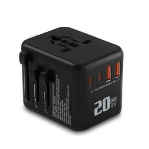 Adaptador Universal de Tomada com 20W PD Carregamento Rápido, 2 USB-C + 2 USB-A, Proteção para Crianças, AUS Euro US UK, ABS+PC, Bivolt 110-240V, Preto - Ideal para Viagens Internacionais