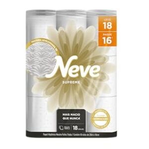Neve Papel Higiênico Supreme Folha Tripla, 20m, Leve 18 Pague 16 Rolos