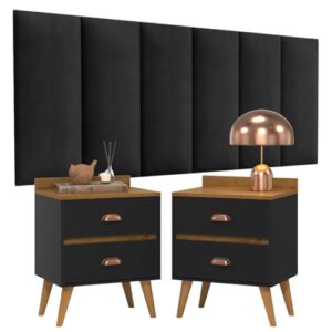 Conjunto Para Quarto Cabeceira Rubi 1.60 Cama Queen com 2 Mesas de Cabeceira Madero New - Preto/Preto Freijó