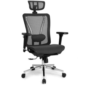 Cadeira Escritório Ergonomica DT3 Moira com revestimento Mesh Vidartex™, estrutura em alumínio, apoio de cabeça 3D, braços 3D, apoio lombar almofadado, suporta até 130kg e altura máx. de 1,85m(Black)