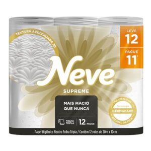 Neve Papel Higiênico Supreme Folha Tripla, 20m, Leve 12 Pague 11 Rolos