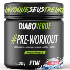 FTW Pré-Treino Diabo Verde - Energia Extrema, Força e Foco - Potência Hardcore com Cafeína, Beta-Alanina - Para Treinos Intensos - sabor: Cereja Ice - Pote 300g
