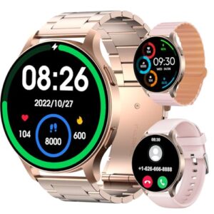 Smartwatch com Tela Full Touch 1.45", IP68, Compatível com iOS e Android, 120+ Modos Esportivos e Recebimento de Notificações, Faz e Recebe Ligações, Assistente de Voz, Unissex, 3 Pulseiras (Ouro)