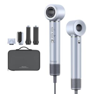 GOKOCO Secador de Cabelo 5 em 1 Conjunto, 1400W Alta Velocidade 110000 Rpm, Kit Modelador Liso e Cacheado com Bocal Magnético, Prata-220v