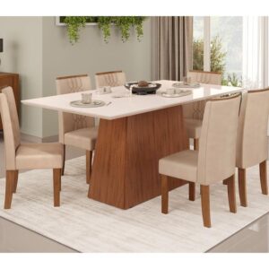 Mesa de Jantar 6 Cadeiras Retangular Freijó Off White e Creme DJ Móveis Copenhague - Mesa de Jantar com 6 Cadeiras