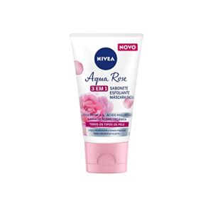 NIVEA Aqua Rose 3 em 1 150ml - Sabonete, Esfoliante e Máscara Facial - Com argila branca, ácido hialurônico e água de rosas orgânica